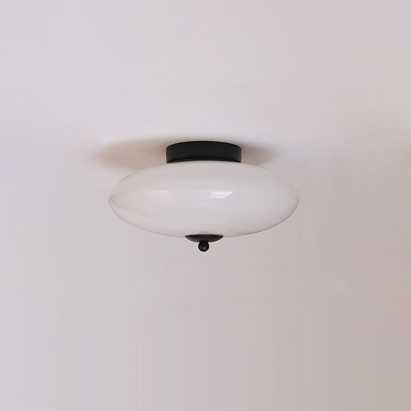 Modern Art Deco Drum Opal Iron Glass LED Semi-Flush Mount Ceiling Light For Bedroom