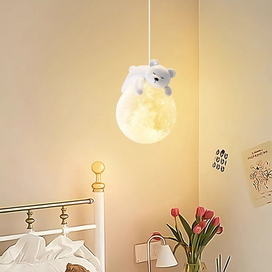 Modern Minimalist Cartoon Kids Moon Cute Animal Bear Rabbit Dog Elephant Sheep Resin Hardware PE 1-Light Pendant Light For Bedroom