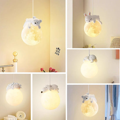 Modern Minimalist Cartoon Kids Moon Cute Animal Bear Rabbit Dog Elephant Sheep Resin Hardware PE 1-Light Pendant Light For Bedroom