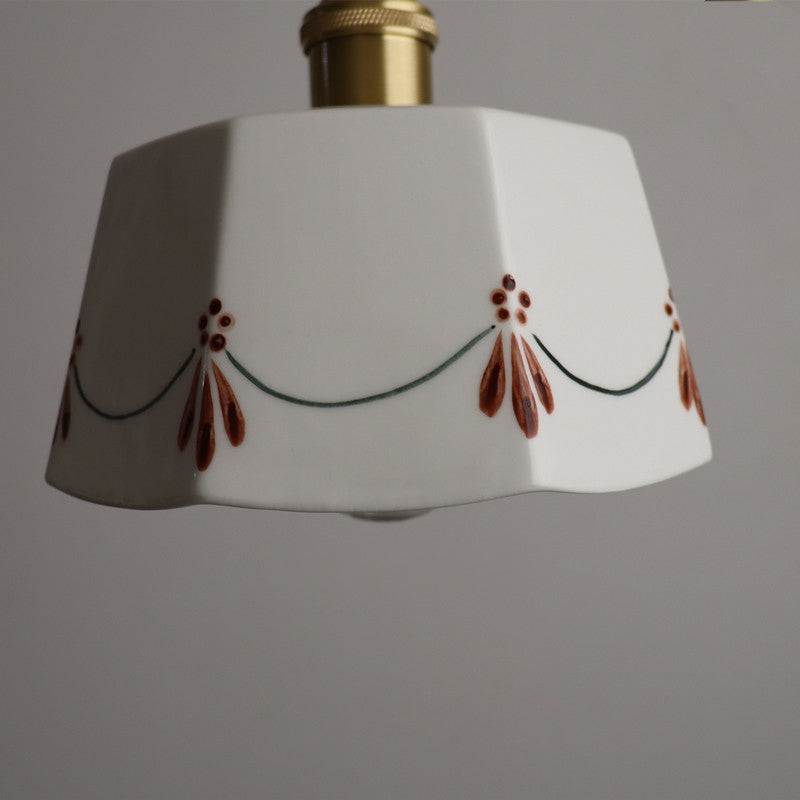 Traditional French Antique Iron Brass Glazed Printed Ceramic Round 1-Light Semi-Flush Mount Ceiling Light For Living Room