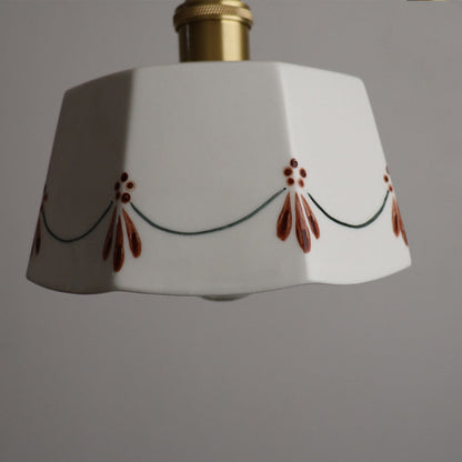 Traditional French Antique Iron Brass Glazed Printed Ceramic Round 1-Light Semi-Flush Mount Ceiling Light For Living Room