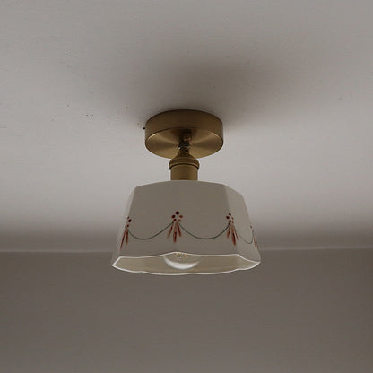 Traditional French Antique Iron Brass Glazed Printed Ceramic Round 1-Light Semi-Flush Mount Ceiling Light For Living Room