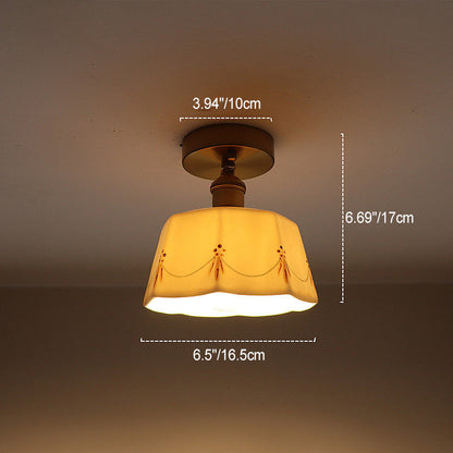Traditional French Antique Iron Brass Glazed Printed Ceramic Round 1-Light Semi-Flush Mount Ceiling Light For Living Room
