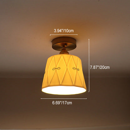 Traditional French Antique Iron Brass Glazed Printed Ceramic Round 1-Light Semi-Flush Mount Ceiling Light For Living Room