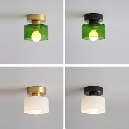 Contemporary Nordic Full Copper Glass Cylinder 1-Light Semi-Flush Mount Ceiling Light For Living Room