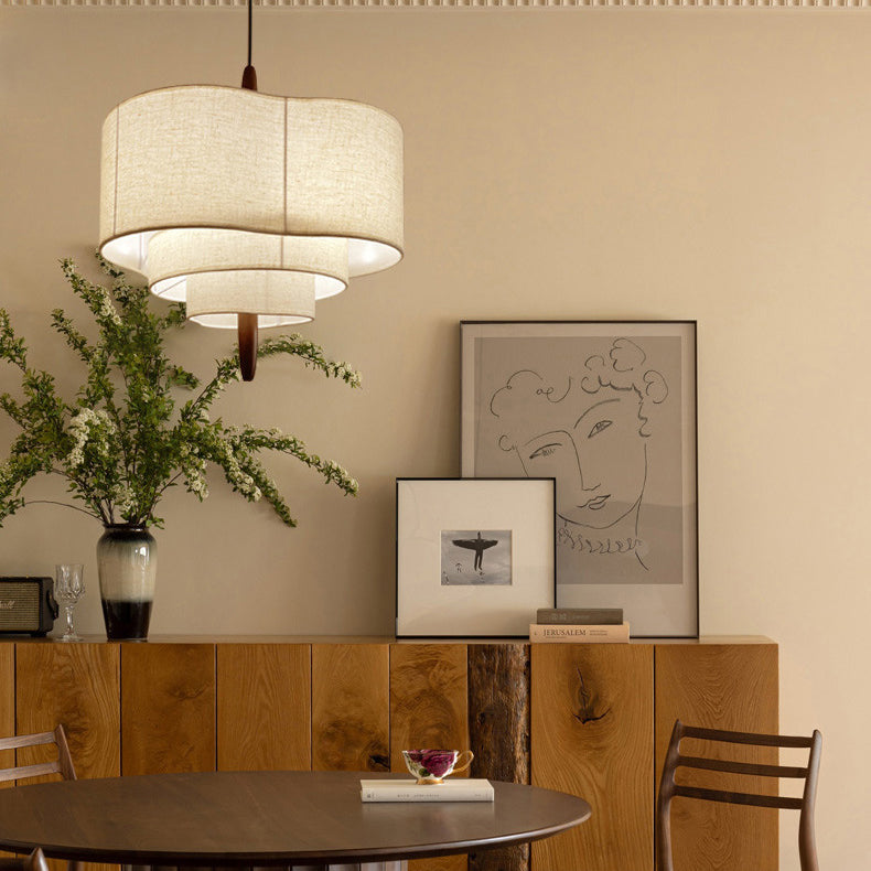 Traditional French Corrugated Fabric Shade Solid Wood 3-Light Pendant Light For Living Room
