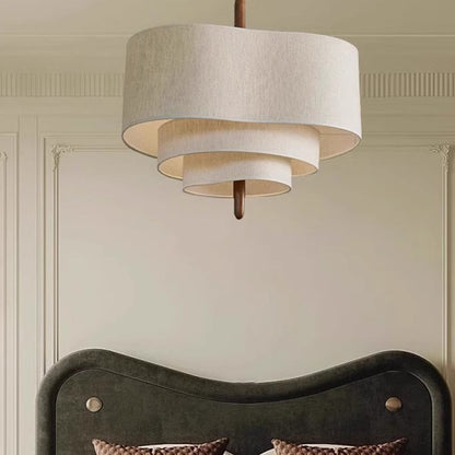Traditional French Corrugated Fabric Shade Solid Wood 3-Light Pendant Light For Living Room