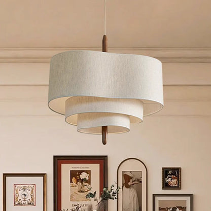Traditional French Corrugated Fabric Shade Solid Wood 3-Light Pendant Light For Living Room