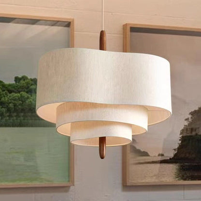Traditional French Corrugated Fabric Shade Solid Wood 3-Light Pendant Light For Living Room