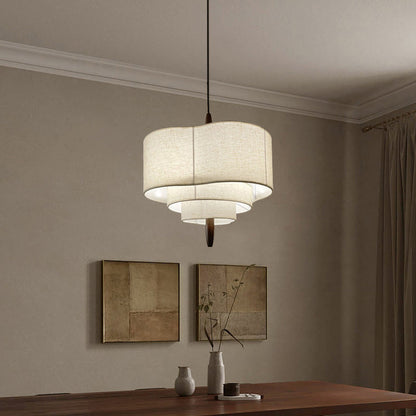 Traditional French Corrugated Fabric Shade Solid Wood 3-Light Pendant Light For Living Room
