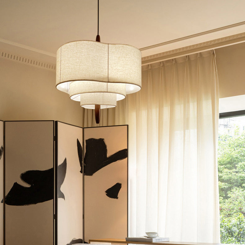 Traditional French Corrugated Fabric Shade Solid Wood 3-Light Pendant Light For Living Room