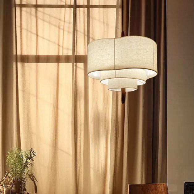 Traditional French Corrugated Fabric Shade Solid Wood 3-Light Pendant Light For Living Room