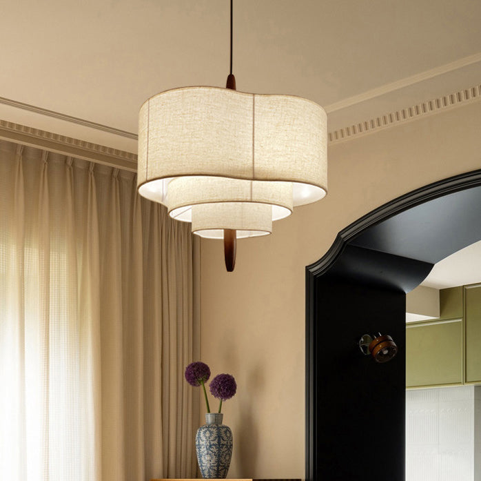 Traditional French Corrugated Fabric Shade Solid Wood 3-Light Pendant Light For Living Room