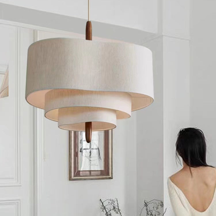 Traditional French Corrugated Fabric Shade Solid Wood 3-Light Pendant Light For Living Room
