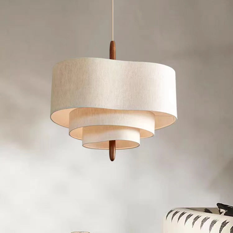 Traditional French Corrugated Fabric Shade Solid Wood 3-Light Pendant Light For Living Room
