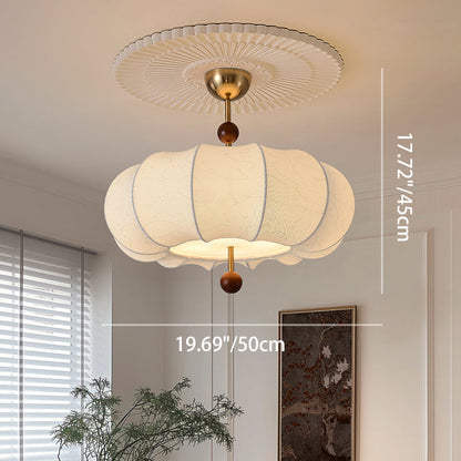 Traditional French Solid Wood Fabric Round Shade 4-Light Semi-Flush Mount Ceiling Light For Living Room