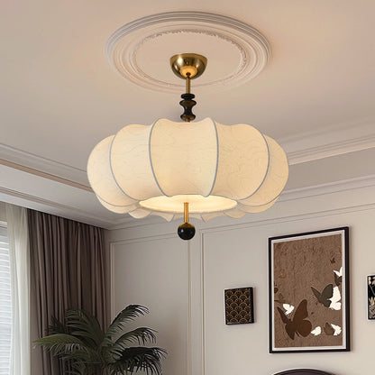 Traditional French Solid Wood Fabric Round Shade 4-Light Semi-Flush Mount Ceiling Light For Living Room