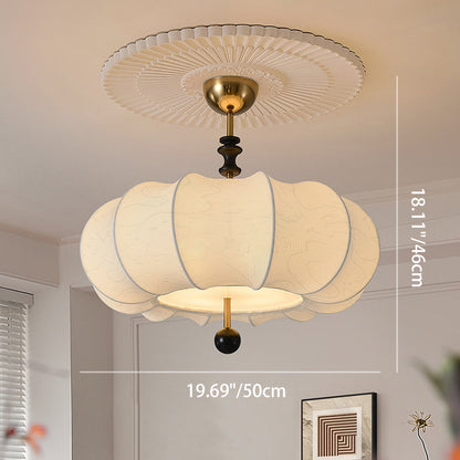 Traditional French Solid Wood Fabric Round Shade 4-Light Semi-Flush Mount Ceiling Light For Living Room
