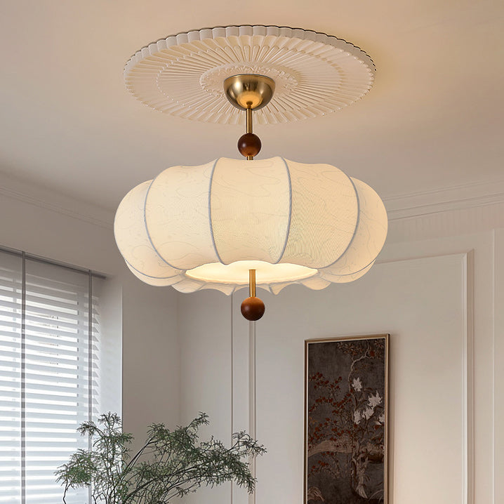 Traditional French Solid Wood Fabric Round Shade 4-Light Semi-Flush Mount Ceiling Light For Living Room