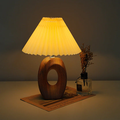 Traditional Japanese Pleated Fabric Shade Wood Grain Ceramic Base USB LED Table Lamp For Bedside