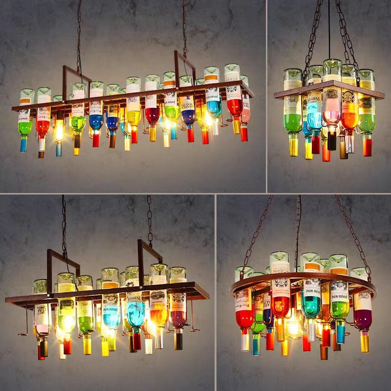 Contemporary Creative Iron Colorful Wine Bottle Glass Shade 1/3/4/5-Light Chandelier Island Light For Bar