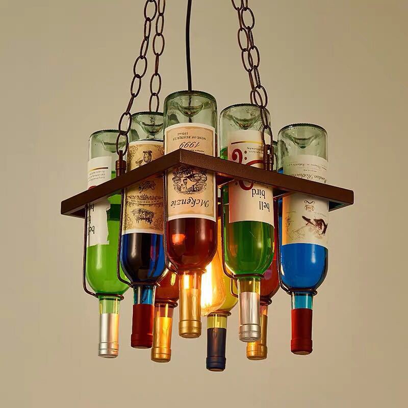 Contemporary Creative Iron Colorful Wine Bottle Glass Shade 1/3/4/5-Light Chandelier Island Light For Bar