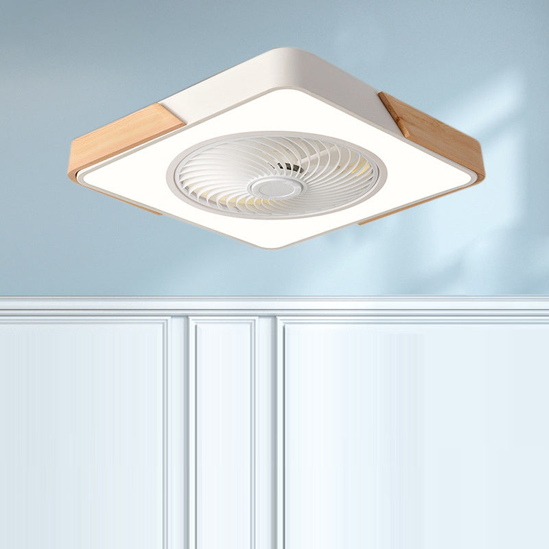 Contemporary Scandinavian Round Iron Solid Wood LED Silent Semi-Flush Mount Ceiling Fan Light For Bedroom