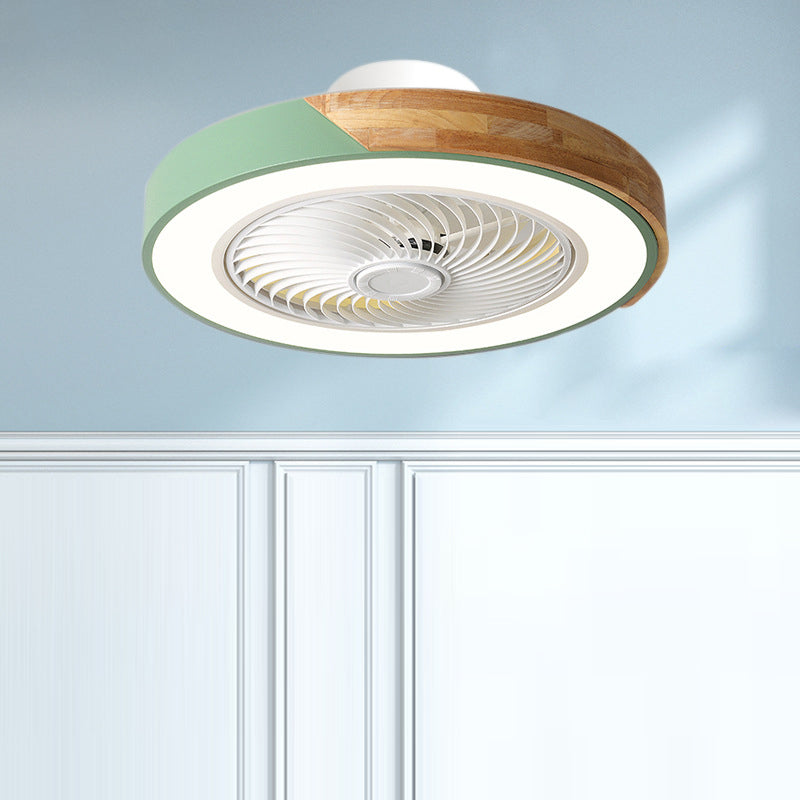 Contemporary Scandinavian Round Iron Solid Wood LED Silent Semi-Flush Mount Ceiling Fan Light For Bedroom