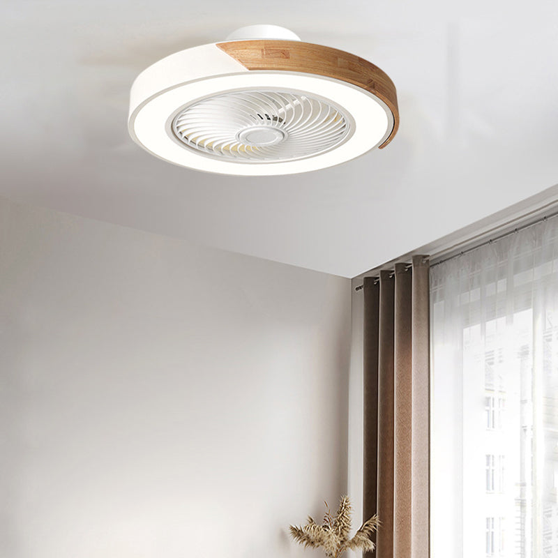 Contemporary Scandinavian Round Iron Solid Wood LED Silent Semi-Flush Mount Ceiling Fan Light For Bedroom