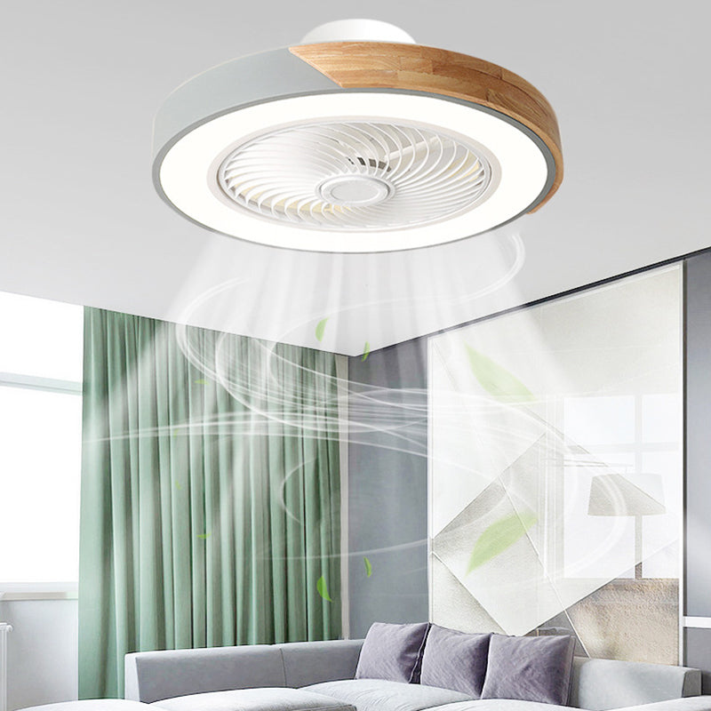 Contemporary Scandinavian Round Iron Solid Wood LED Silent Semi-Flush Mount Ceiling Fan Light For Bedroom