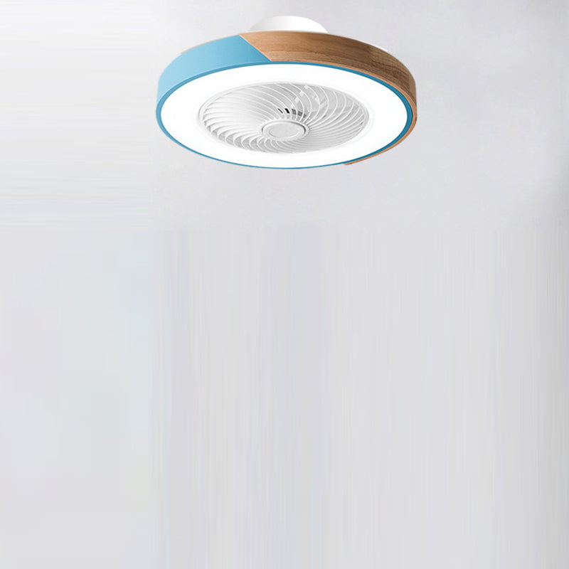 Contemporary Scandinavian Round Iron Solid Wood LED Silent Semi-Flush Mount Ceiling Fan Light For Bedroom