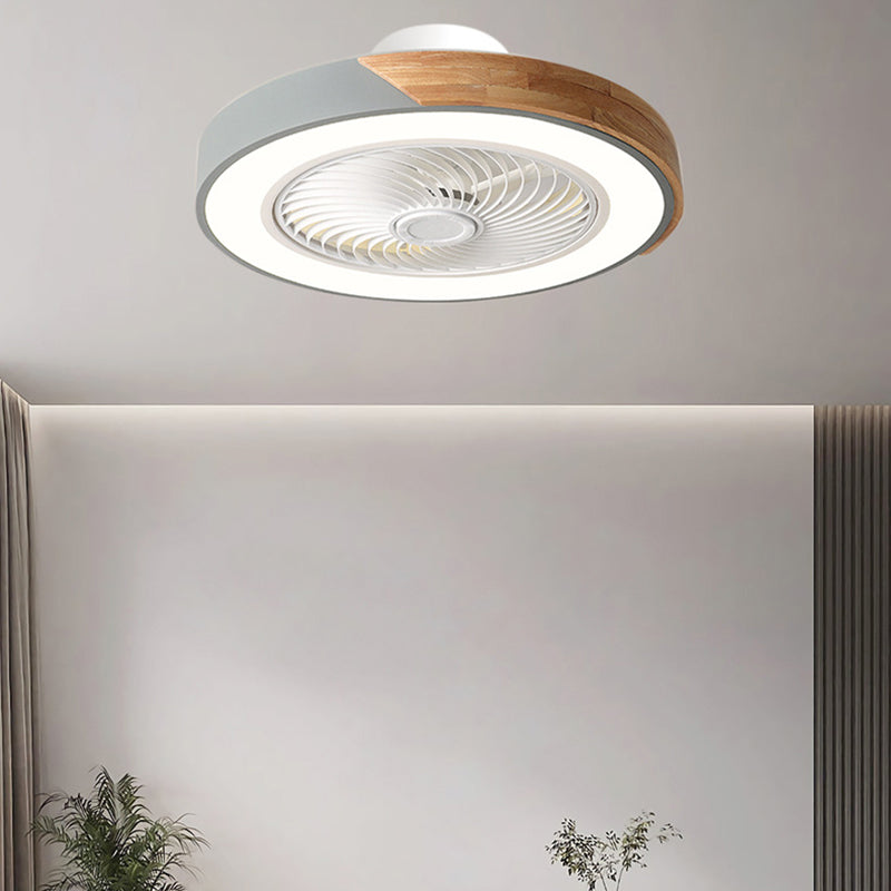 Contemporary Scandinavian Round Iron Solid Wood LED Silent Semi-Flush Mount Ceiling Fan Light For Bedroom