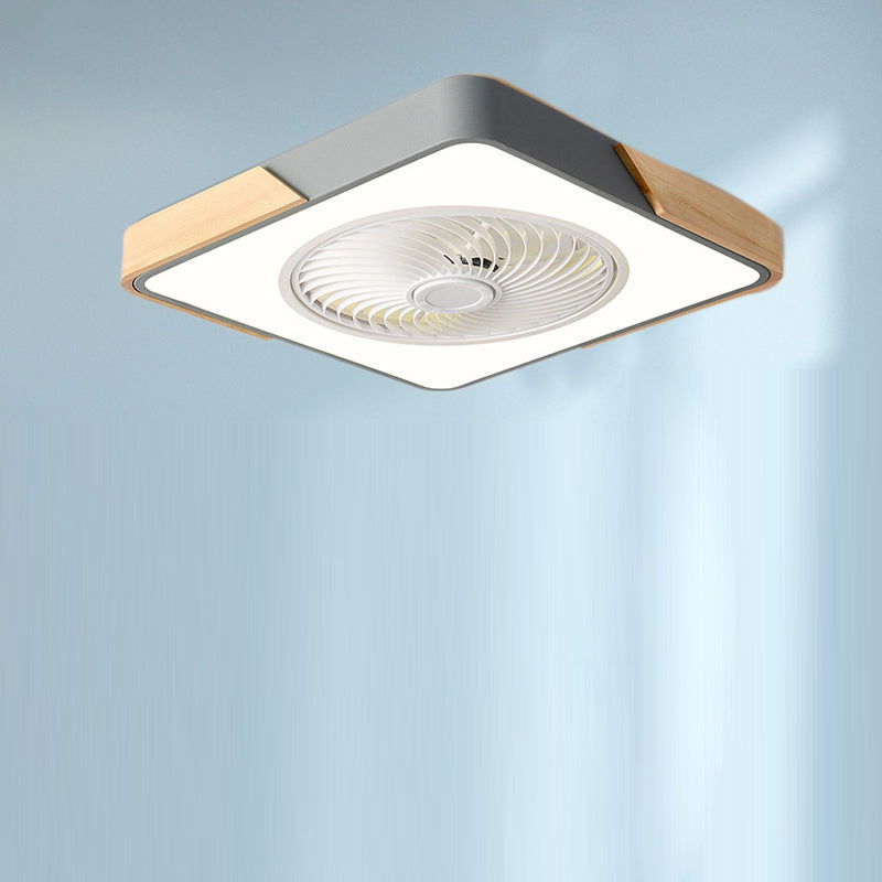 Contemporary Scandinavian Round Iron Solid Wood LED Silent Semi-Flush Mount Ceiling Fan Light For Bedroom
