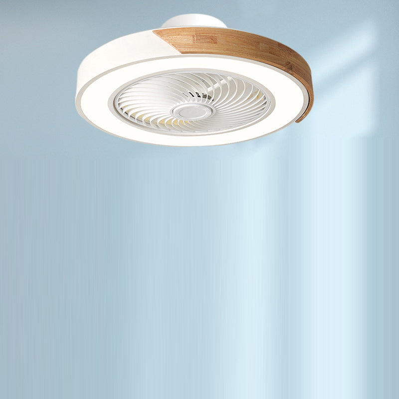 Contemporary Scandinavian Round Iron Solid Wood LED Silent Semi-Flush Mount Ceiling Fan Light For Bedroom
