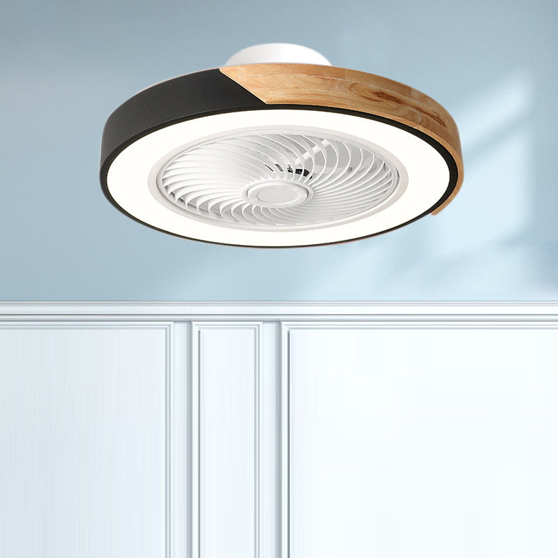 Contemporary Scandinavian Round Iron Solid Wood LED Silent Semi-Flush Mount Ceiling Fan Light For Bedroom