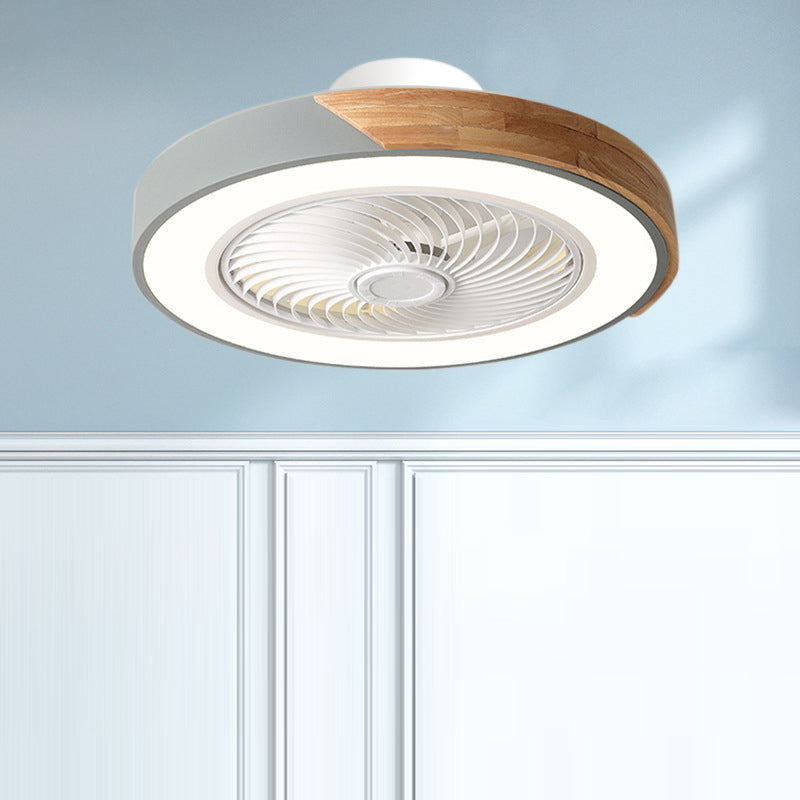Contemporary Scandinavian Round Iron Solid Wood LED Silent Semi-Flush Mount Ceiling Fan Light For Bedroom