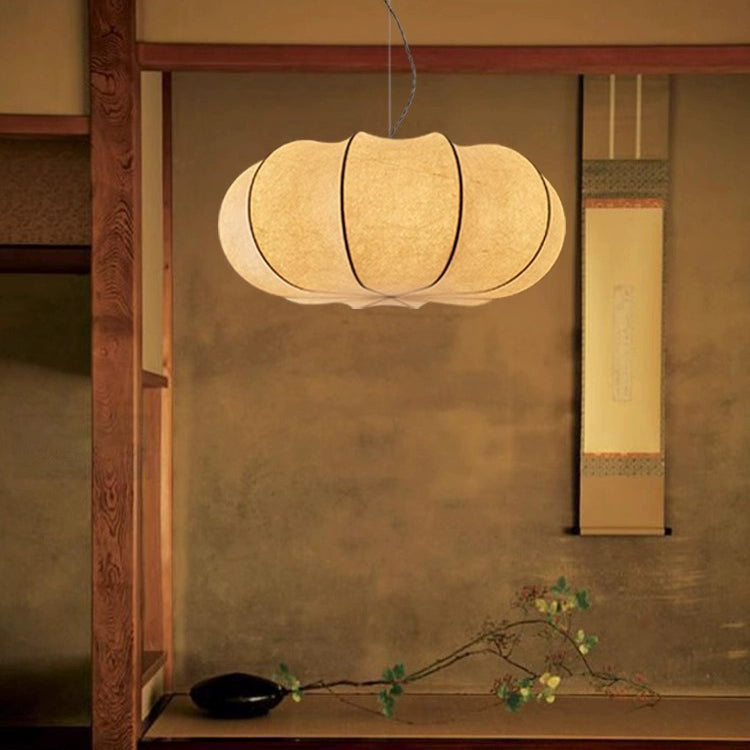 Traditional Japanese Pumpkin Round Iron Fabric 2/3-Light Pendant Light For Living Room
