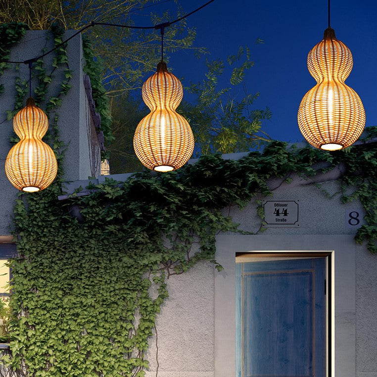 Contemporary Creative Waterproof Gourd Peanut Shape Rattan Stainless Steel 1-Light Pendant Light For Outdoor