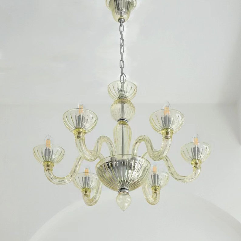 Traditional French Round Curved Iron Glass 6-Light Chandelier For Living Room