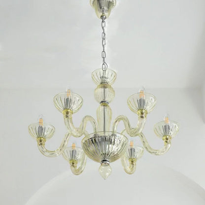 Traditional French Round Curved Iron Glass 6-Light Chandelier For Living Room