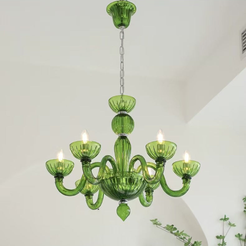 Traditional French Round Curved Iron Glass 6-Light Chandelier For Living Room