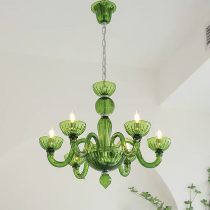 Traditional French Round Curved Iron Glass 6-Light Chandelier For Living Room