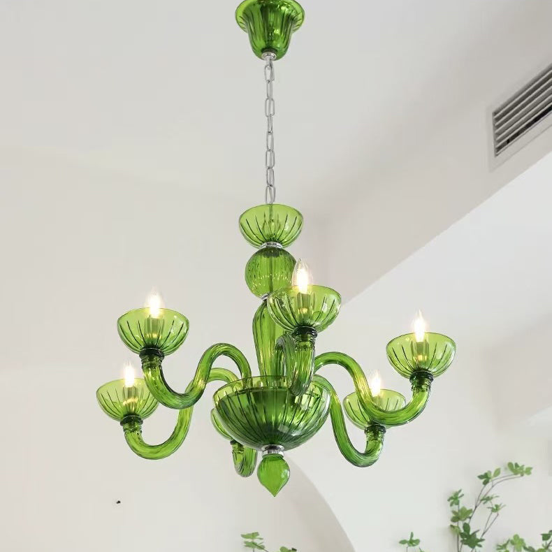 Traditional French Round Curved Iron Glass 6-Light Chandelier For Living Room