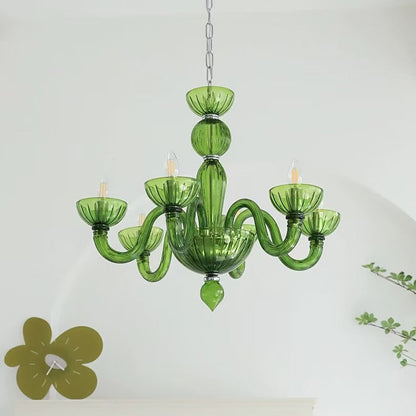 Traditional French Round Curved Iron Glass 6-Light Chandelier For Living Room