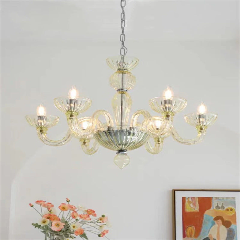 Traditional French Round Curved Iron Glass 6-Light Chandelier For Living Room
