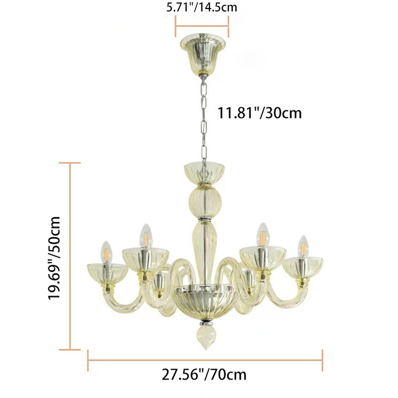 Traditional French Round Curved Iron Glass 6-Light Chandelier For Living Room
