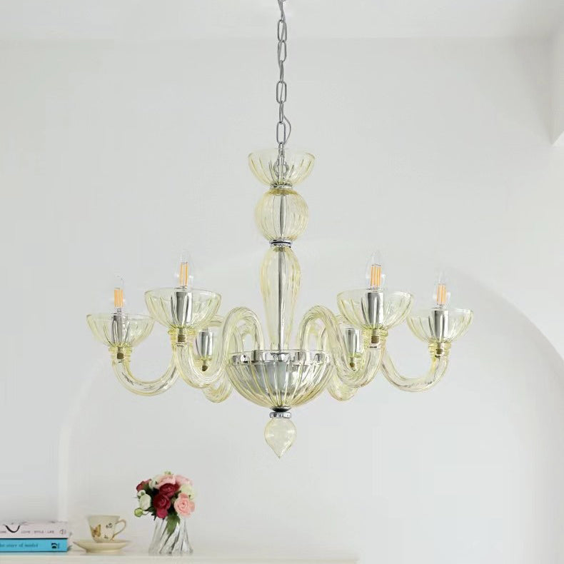 Traditional French Round Curved Iron Glass 6-Light Chandelier For Living Room
