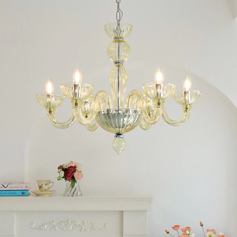 Traditional French Round Curved Iron Glass 6-Light Chandelier For Living Room
