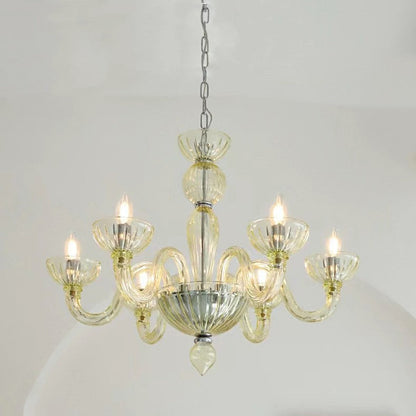 Traditional French Round Curved Iron Glass 6-Light Chandelier For Living Room
