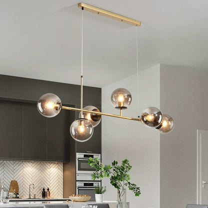 Contemporary Scandinavian Linear Round Orb Iron Glass 6-Light Island Light Chandelier For Dining Room